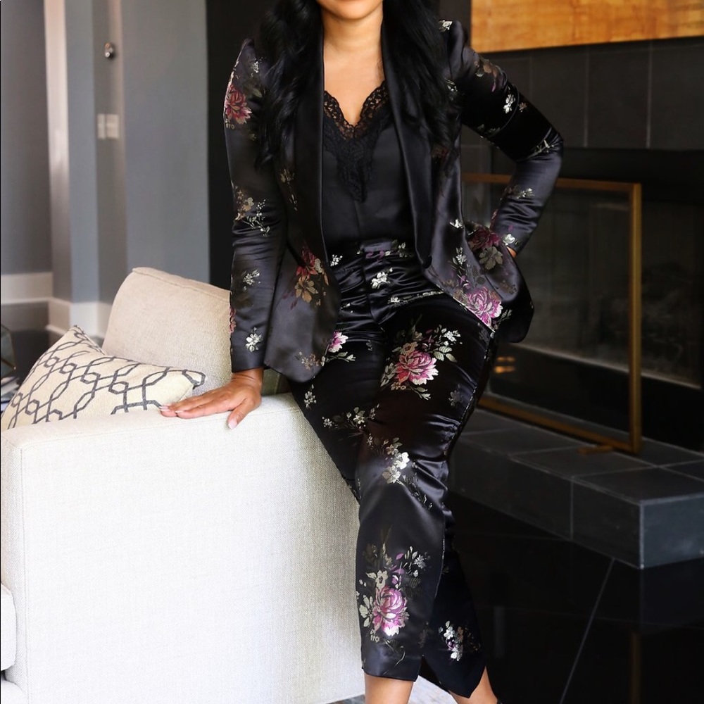 Zara black satin floral print suit!